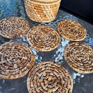 Woven Basket with Lid and Coasters Set of‎ 6, Natural Fiber, Rustic Island Decor